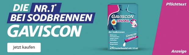 Gaviscon Dual 500 mg / 213 mg / 325 mg Suspension zum Einnehmen Wirkstoffe: Natriumalginat, Natriumhydrogencarbonat, Calciumcarbonat. Anwendungsgebiete: Behandlung der säurebedingten Symptome des gastroösophagealen Reflux wie Sodbrennen, saures Aufstoßen, Dyspepsie z.B. nach den Mahlzeiten oder während der Schwangerschaft. Warnhinweise: Enthält 255,76 mg Natrium pro 20 ml Suspension. Hoher Natriumgehalt. Enthält Calcium. Zu Risiken und Nebenwirkungen lesen Sie die Packungsbeilage und fragen Sie Ihre Ärztin, Ihren Arzt oder in Ihrer Apotheke. GAVD0082 Reckitt Benckiser Deutschland GmbH – 69067 Heidelberg GAVISCON Dual Suspension mit Zweifachwirkung gegen Sodbrennen (24x10 ml) 3