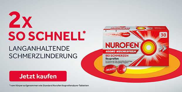 Nurofen 400 mg Weichkapseln Wirkstoff: Ibuprofen Anwendungsgebiete: Kurzzeit. symptomat. Behandlung leichter bis mäßig starker Schmerzen, Fieber, Schmerzen in Zusammenhang m. Erkältungen. Warnhinweise: Bei Schmerzen oder Fieber ohne ärztlichen Rat nicht länger anwenden als in der Packungsbeilage vorgegeben! Enthält: Sorbitol und Ponceau 4R (E124). Zu Risiken und Nebenwirkungen lesen Sie die Packungsbeilage und fragen Sie Ihre Ärztin, Ihren Arzt oder in Ihrer Apotheke. NURFD_0286 Reckitt Benckiser Deutschland GmbH – 69067 Heidelberg NUROFEN 400mg Ibuprofen Weichkapseln bei Schmerzen 3