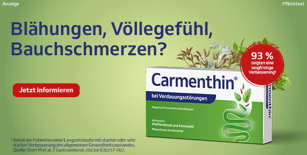 Carmenthin® bei Verdauungsstörungen Anwendungsgebiete: Dyspeptische Beschwerden, besonders mit leichten Krämpfen im Magen-Darm-Bereich, Blähungen, Völlegefühl. Zu Risiken und Nebenwirkungen lesen Sie die Packungsbeilage und fragen Sie Ihre Ärztin, Ihren Arzt oder in Ihrer Apotheke. Dr. Willmar Schwabe GmbH & Co. KG - Karlsruhe CARMENTHIN bei Verdauungsstörungen