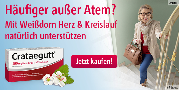 Crataegutt® 450 mg Herz-Kreislauf-Tabletten. Wirkstoff: Weißdornblätter-mit-Blüten-Trockenextrakt. Anwendungsgebiete: Traditionelles pflanzliches Arzneimittel zur Anwendung bei: Unterstützung der Herz-Kreislauf-Funktion, ausschließlich auf Grund langjähriger Anwendung. Zu Risiken und Nebenwirkungen lesen Sie die Packungsbeilage und fragen Sie Ihre Ärztin, Ihren Arzt oder in Ihrer Apotheke. Dr. Willmar Schwabe GmbH & Co. KG – Karlsruhe CRATAEGUTT 450 mg Herz-Kreislauf-Tabletten 3