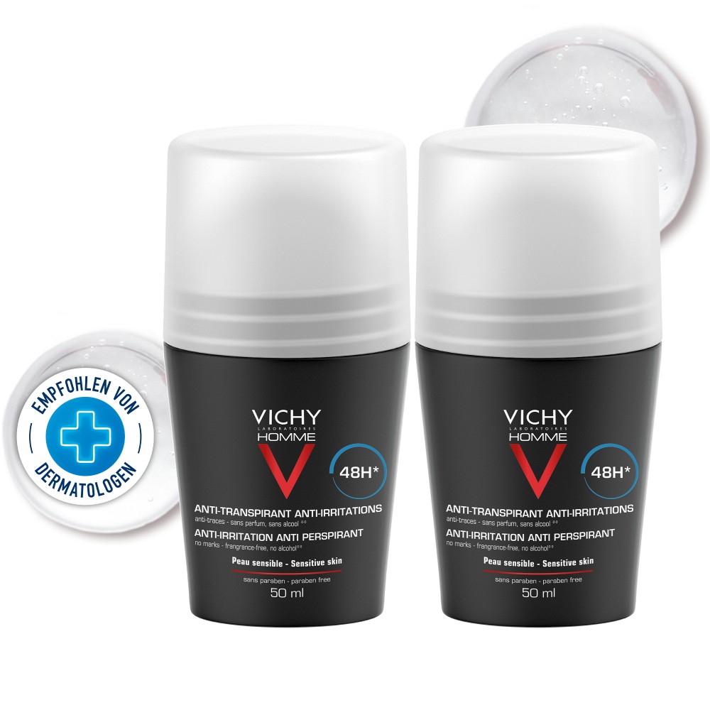 Vichy Homme Deo für empfindliche Haut, Langzeit Roll-on - Doppelpack 2X50 ml