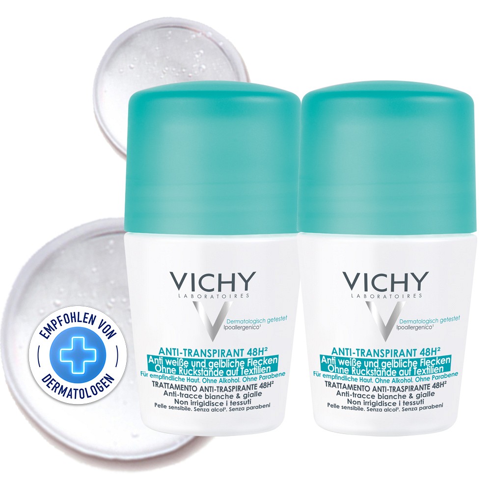 Vichy Deo Roll-on 48h Anti-Flecken, Deo Damen und Herren - Doppelpack 2X50 ml