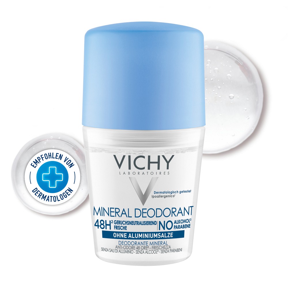 Vichy Deo Roll-On 48h Mineral ohne Aluminium, Anti-Transpirant für Herren und Damen 50 ml