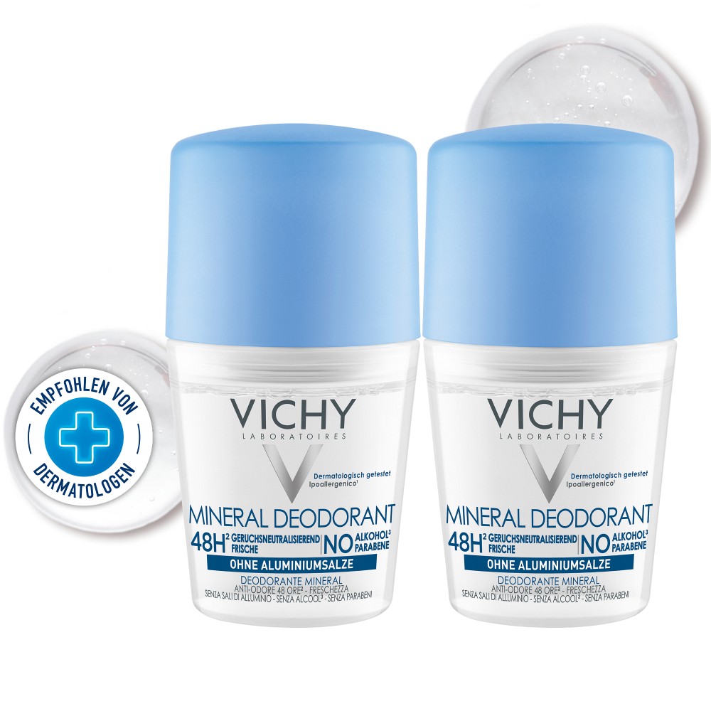 Vichy Deo Roll-On 48h Mineral ohne Aluminium, Anti-Transpirant für Herren und Damen - Doppelpack 2X50 ml