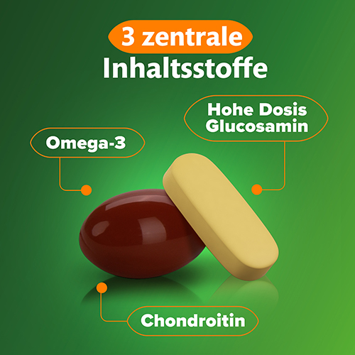3 zentrale Inhaltsstoffe. Omega-3, Hohe Dosis Glucosamin, Chondroitin